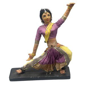 India dancer figurine on stand purple yellow made in India 8x8" embellish READ
